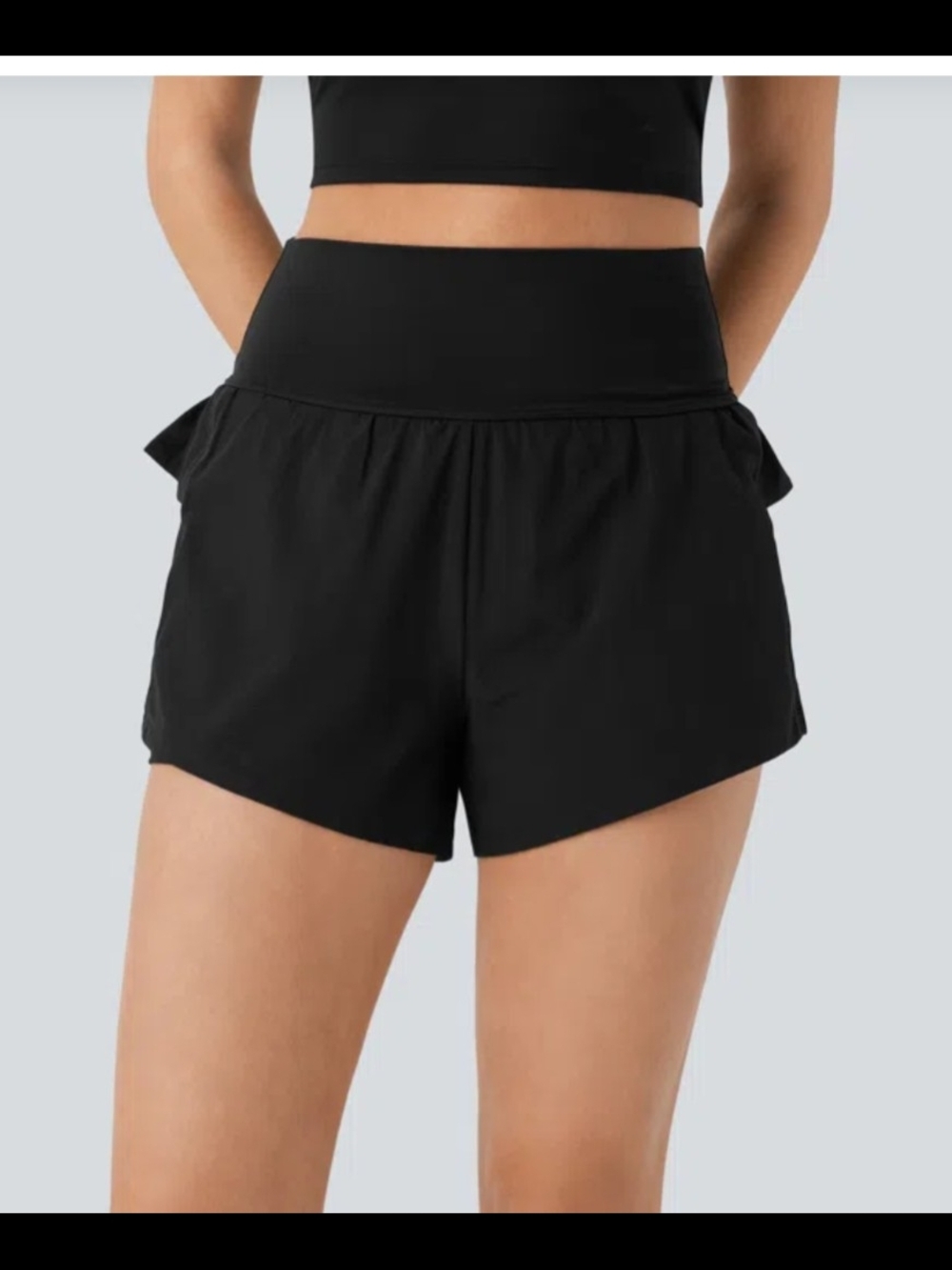 HALARA Women’s High-Waist Ruffle Contrast Mesh 2-1 Quick Dry Black Yoga Shorts